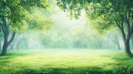 Obraz premium Foggy morning in a forest with trees glistening with dew, soft light and shaded areas,