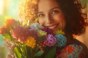 Naklejka premium A joyful woman holding a bouquet of fresh flowers, radiating happiness and positivity in a natural and serene setting.