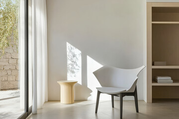 Minimalist indoor space with modern chair and natural light on a serene afternoon