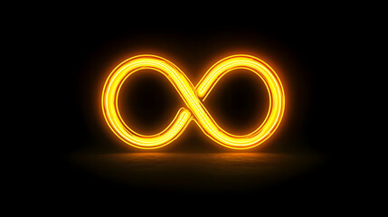 Golden Neon Infinity Symbol Glowing Against Black Background Represents Concept of Endless Loop