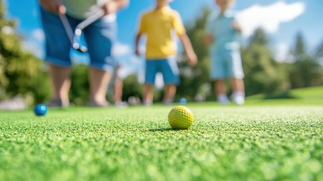 Family enjoying mini golf on a sunny day