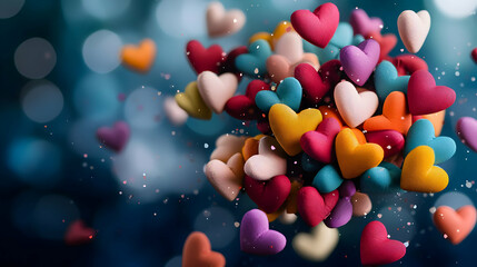 Floating Colorful Hearts Arrangement Against a Blue Bokeh Background