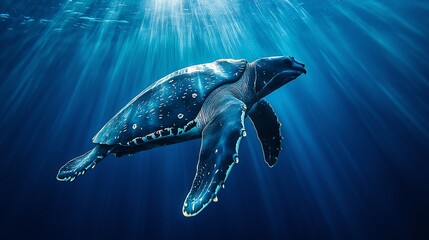 Fototapeta premium Massive Leatherback Sea Turtle gliding through deep blue waters its smooth shell reflecting the sunlight filtering from above powerful flippers propelling it forward
