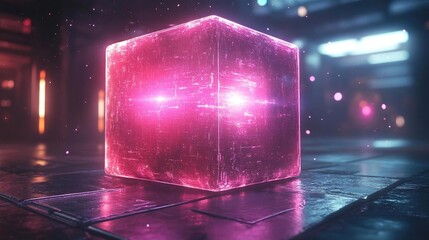 A glowing pink cube illuminated in a futuristic environment with soft lighting and reflections