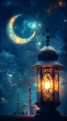 Islamic lantern, crescent moon, and mosque background
