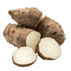 Fresh organic cassava roots whole and sliced isolated transparent background