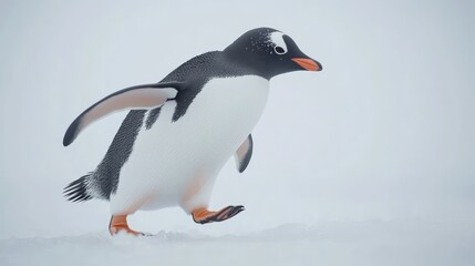 Obraz premium A side view of a penguin waddling on the ice, isolated on a smooth white backdrop