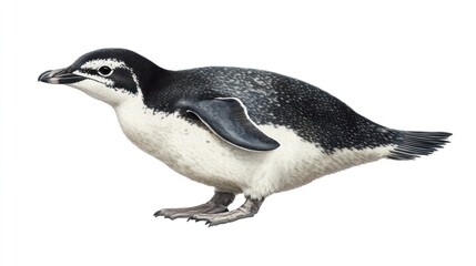 Fototapeta premium A side view of a penguin waddling on the ice, isolated on a smooth white backdrop
