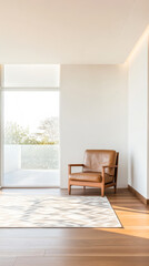 Fototapeta premium Sunlit living room showcasing modern design with a leather chair and tranquil view
