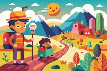 Obraz premium Two characters embark on a joyful journey along a colorful path surrounded by mountains and trees, On the way Customizable Cartoon Illustration