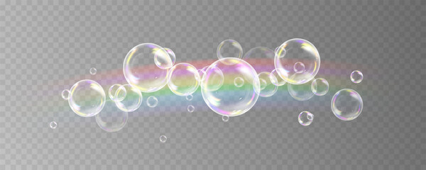 Colorful Soap Bubbles with Light Reflections on a Transparent Surface, Creating a Playful and Light Atmosphere