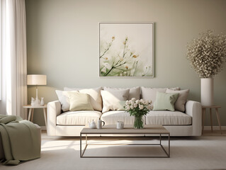 Spring minimalist japandi and wabi sabi inspired modern living room interior with sage walls, light color couch, minimalist decor in sage color