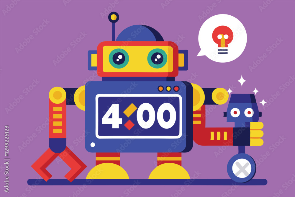 Poster a quirky, customizable robot with a broken arm shows an error message while standing on a vibrant su