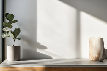Fototapeta premium Modern interior decor showcasing a minimalist design with natural elements in sunlight