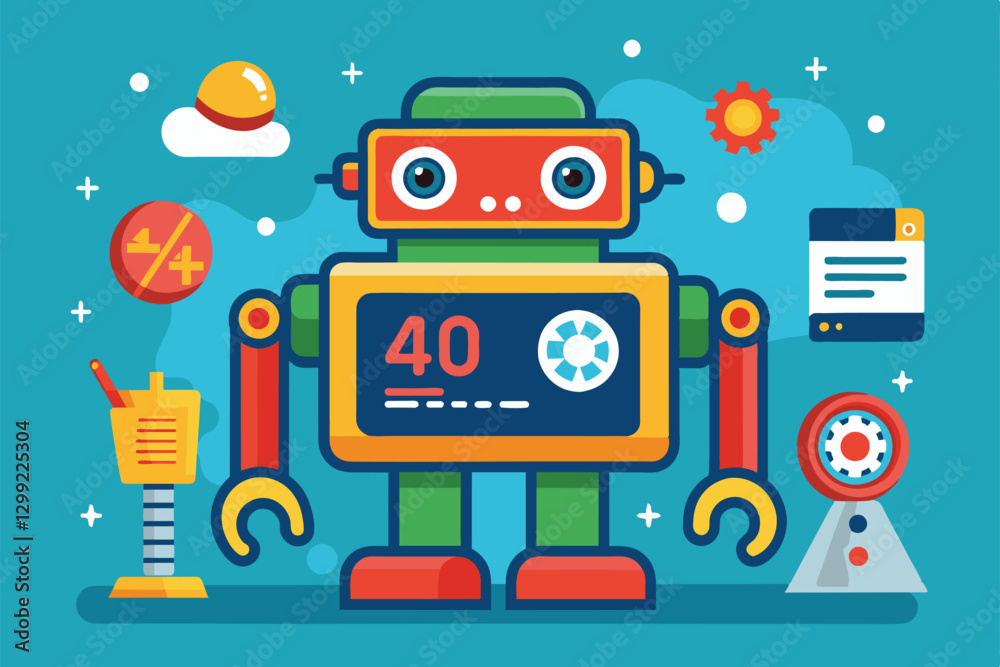 Poster a vibrant robot with an error message stands out among playful graphics in a cheerful atmosphere, oo