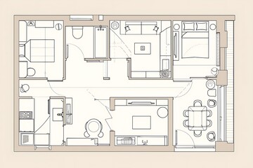 a floor map of a house with bedrooms, kitchen, living room, bathrooms, balconies and other house corners.