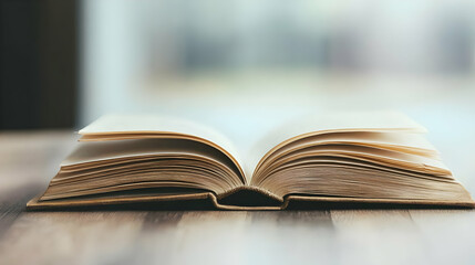 Open Book on Wooden Table with Textured Pages and Natural Light in Blurred Background