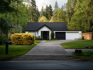 Fototapeta premium Modern house surrounded by greenery with well-maintained driveway and landscaping