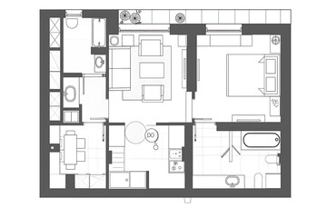 a floor map of a house with bedrooms, kitchen, living room, bathrooms, balconies and other house corners.