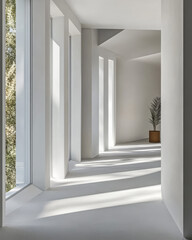 Modern architectural hallway with natural light and planters in a minimalist setting