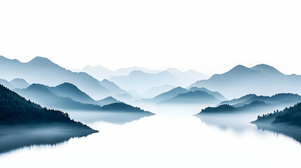 Panoramic Blue Mountains Reflected in Calm Lake with Misty Atmospheric Effect