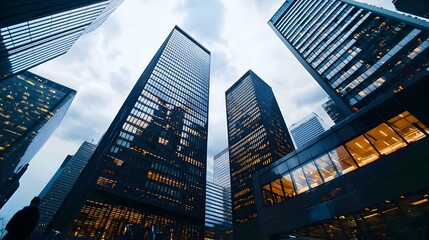 Fototapeta premium Low Angle View Of Illuminated Skyscrapers Against Cloudy Night Sky In Modern City