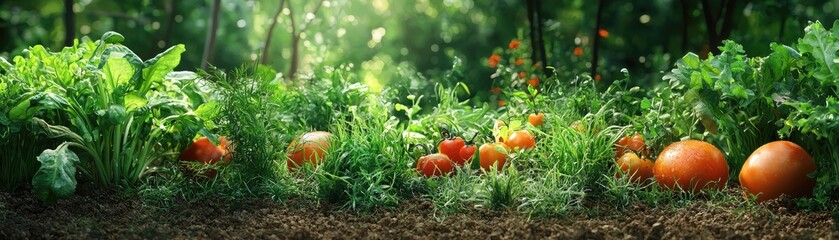 Ripe tomatoes & leafy greens grow in sunlit garden.  Organic food harvest