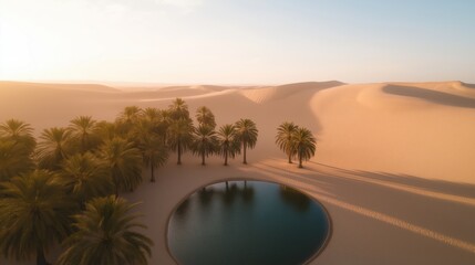 Tranquil oasis amidst expansive sand dunes at sunrise with reflective water and palm trees