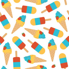 Seamless pattern with ice cream in waffle cone with strawberries and fruit popsicles on white background. Cold dessert. Summer sweets. Vector flat illustration for wallpaper, textile, packaging