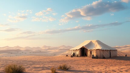 Fototapeta premium Cozy tent set up in the middle of a desert with a starry night sky and scenic surroundings