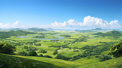 Fototapeta premium Panoramic Landscape View Of Rolling Green Hills Under A Blue Sky In A Sunny Day
