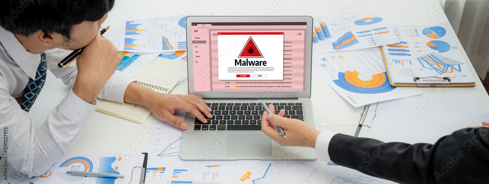 Poster cyber attacking concept. malware alert showing on computer screen display scam and threat detection 