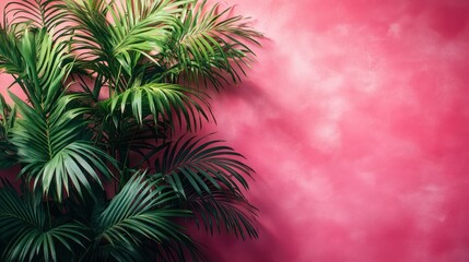 Obraz premium Vibrant Tropical Paradise: Lush Green Palm Leaves Against a Pink Wall