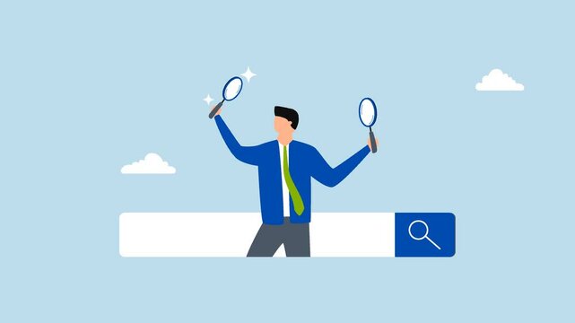Search, 4k animation of entrepreneur using magnifying glass uncovers new websites from search field. 