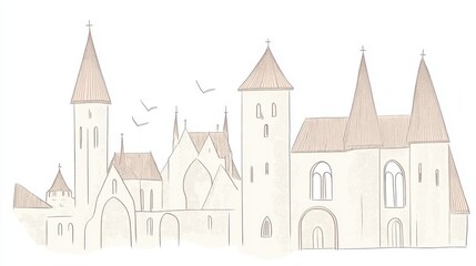 Naklejka premium Whimsical Beige Castle Illustration Soft Pastel Town Skyline Illustration Style and Design Art For Background Use. Soft Pastel Town Landscape Sketch. Illustration of a Fantasy Town Featuring a