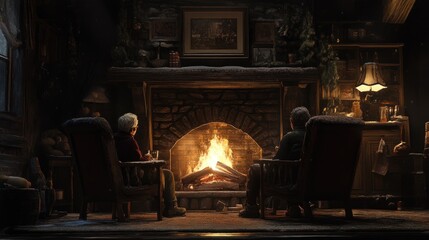 Elderly couple relaxing by fireplace in cozy cabin