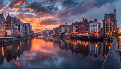 Naklejka premium a river with buildings and a sunset