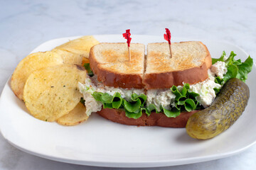 chicken salad  sandwich with potato chips and  pickle