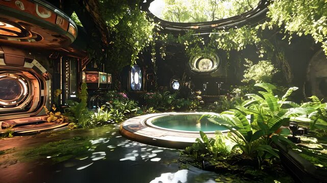 Fantasy animation scene biodome oasis. Lush greenery thrives within a futuristic biodome, a circular pool reflecting the sunlight filtering through the dense foliage.