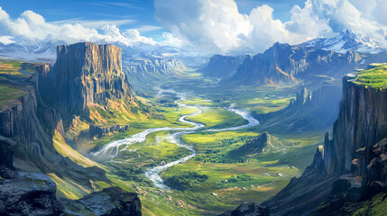 Behold the awe-inspiring panorama of a vast and rugged ravine, where a winding river carves its path through towering, jagged cliffs, evoking a deep sense of wonder and exhilaration  