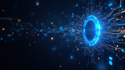 Futuristic digital interface with abstract blue and yellow graphics representing technology and data flow.