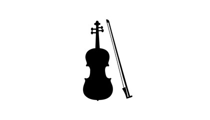 Minimalist black silhouette of a violin with bow on white background