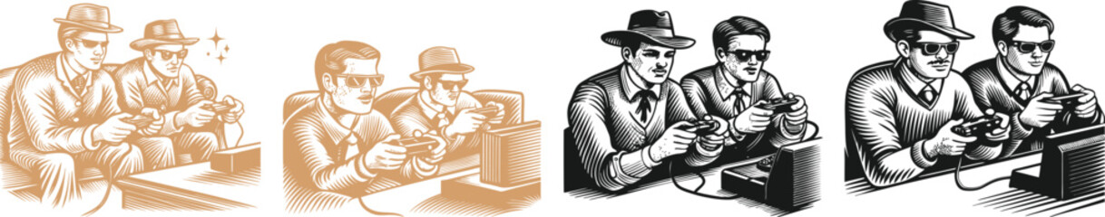 set of Men playing video games vector, engraving sketch ink poster black illustration etching style tattoo