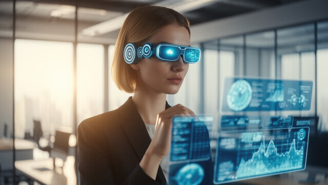 Woman using augmented reality headset to analyze data in a modern office setting during late afternoon