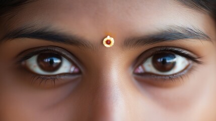 Fototapeta premium A single golden bindi on the forehead of an Indian woman, captured in extreme close-up