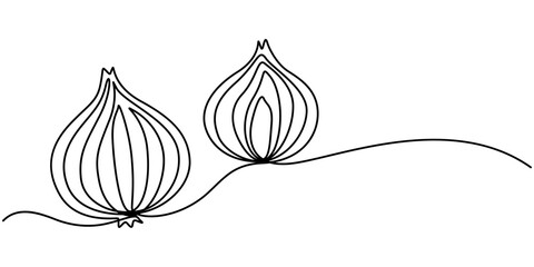 Continuous one line onion for grocery store, printing on posters and banners. Linear style, Onions are drawn in one continuous line. Minimalist illustration emphasizing layers and shape.