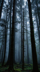 Fototapeta premium This image captures a mysterious forest enveloped in thick mist. 