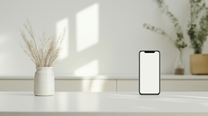 Modern minimalist workspace with smartphone and dried flowers in natural light