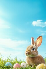 Fototapeta premium Easter flyer with a cute rabbit sitting in the grass, surrounded by scattered eggs under a clear sky