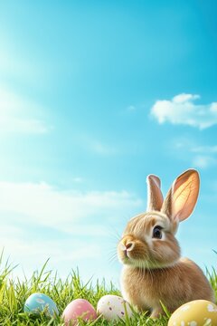 Easter flyer with a cute rabbit sitting in the grass, surrounded by scattered eggs under a clear sky